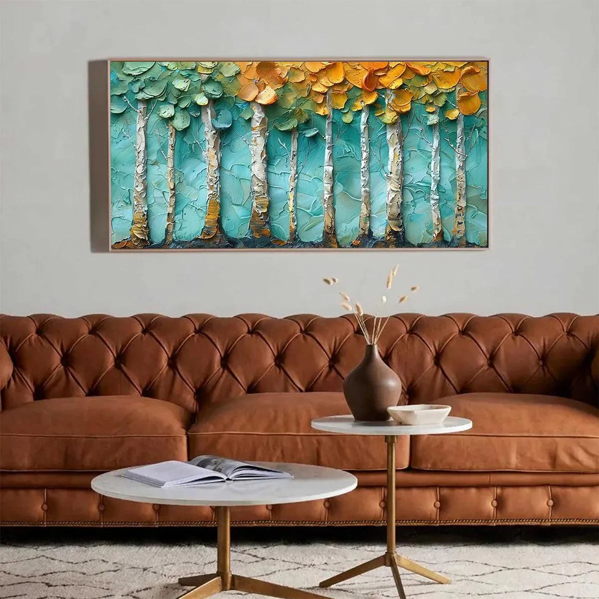 GOLDEN ASPEN GROVE: Textured Forest Painting, Impasto Wall Art, Horizontal Canvas, Landscape Art