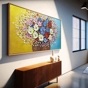 Horizontal impasto floral painting with vibrant red, blue, white, and pink textured petals in a modern living room setting.