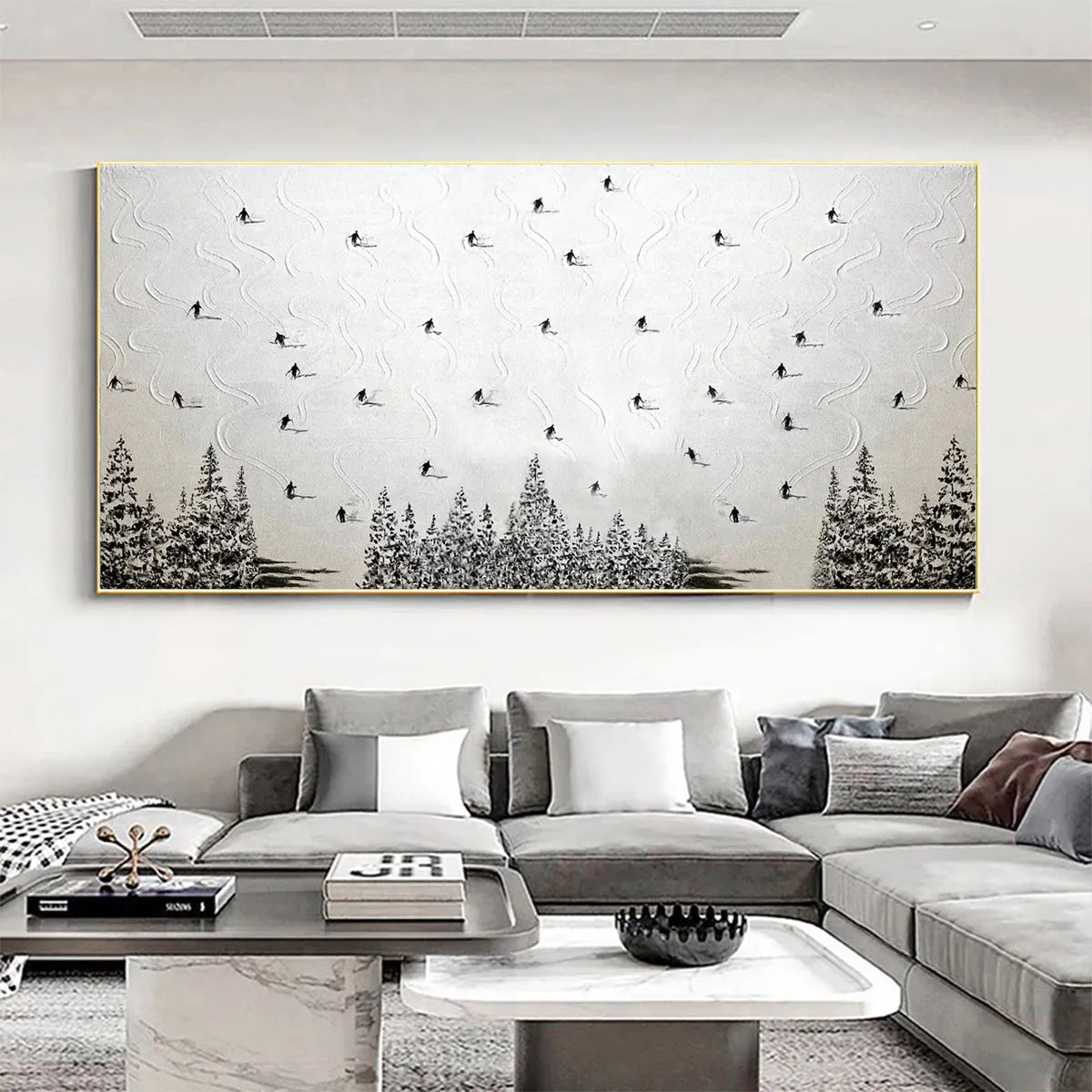 ALPINE SYMPHONY: Minimalist Skiing Scene on Textured Canvas