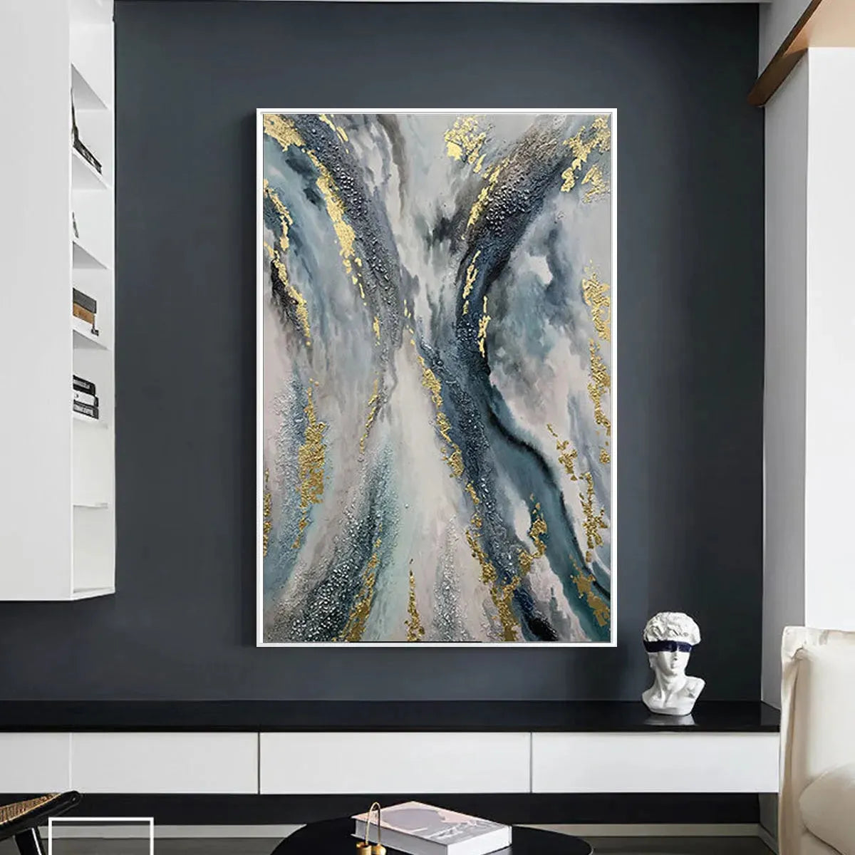 CELESTIAL RIVER: Vertical Abstract Oil Painting with Gold Leaf Accents