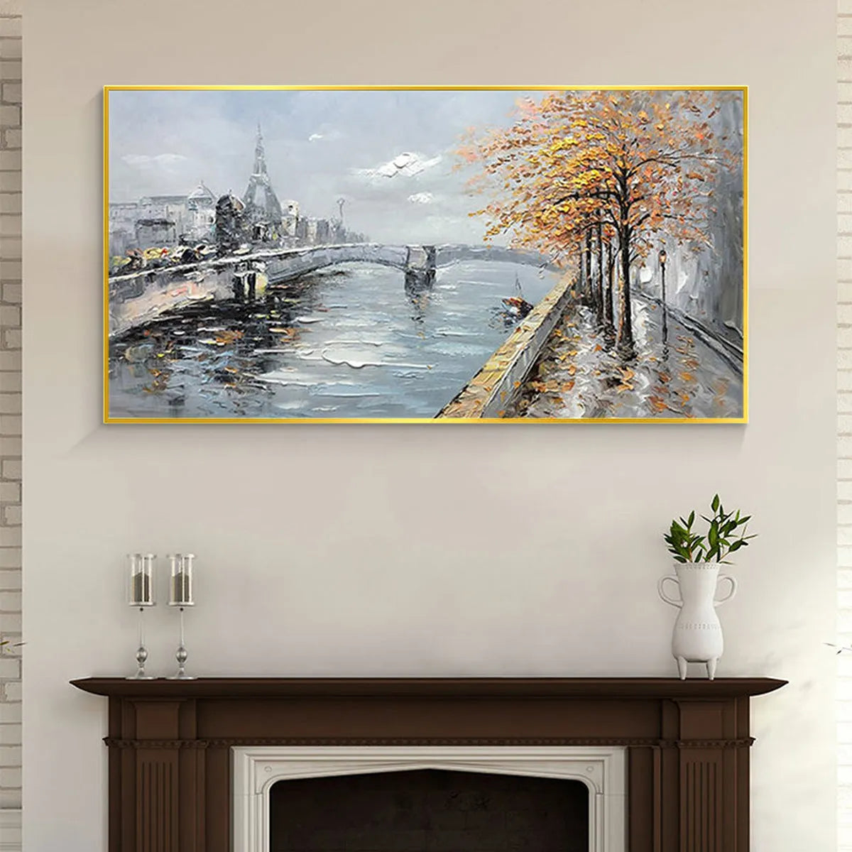 AUTUMNAL RIVER WALK: Panoramic Cityscape Oil Painting with River and Trees