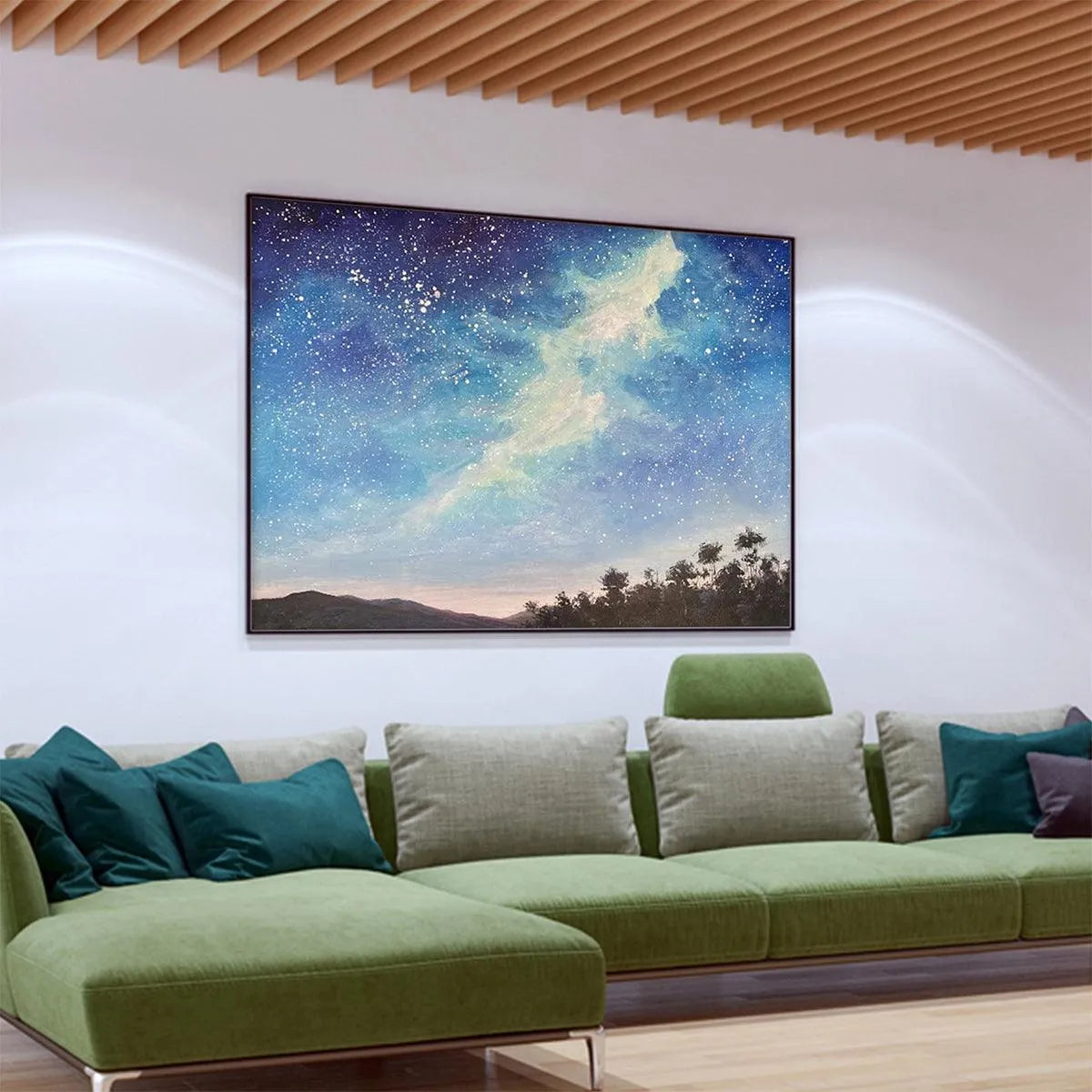 CELESTIAL DREAMSCAPE: Nightscape Painting, Starry Sky Wall Art, Panoramic Landscape, Horizontal Canvas