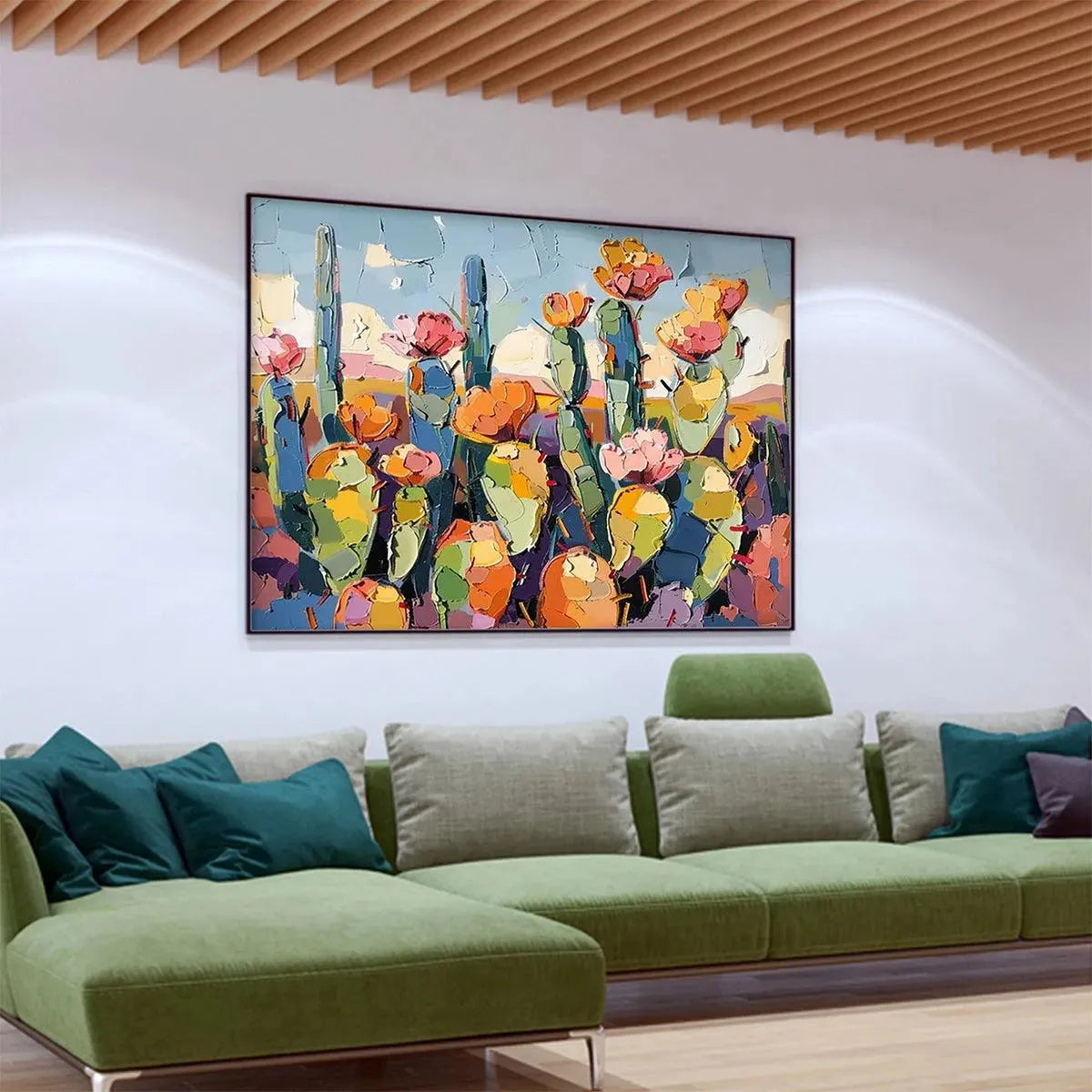 Desert Bloom: Textured Cactus Painting | Impasto Wall Art