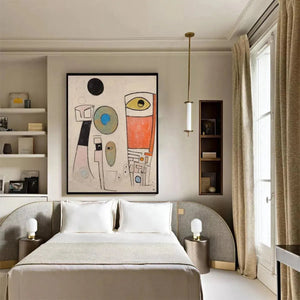 Whimsical Forms abstract painting by Willow Davies above a bed. Modern bedroom wall art with bold colors.