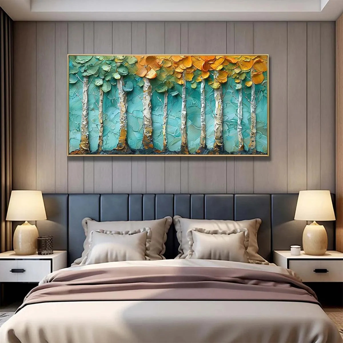 GOLDEN ASPEN GROVE: Textured Forest Painting, Impasto Wall Art, Horizontal Canvas, Landscape Art