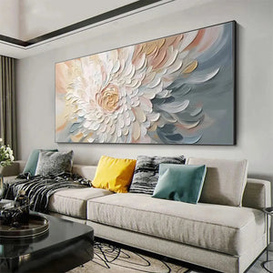PETAL WHIRL: Textured floral art in neutral hues, displayed above a contemporary living room sofa.