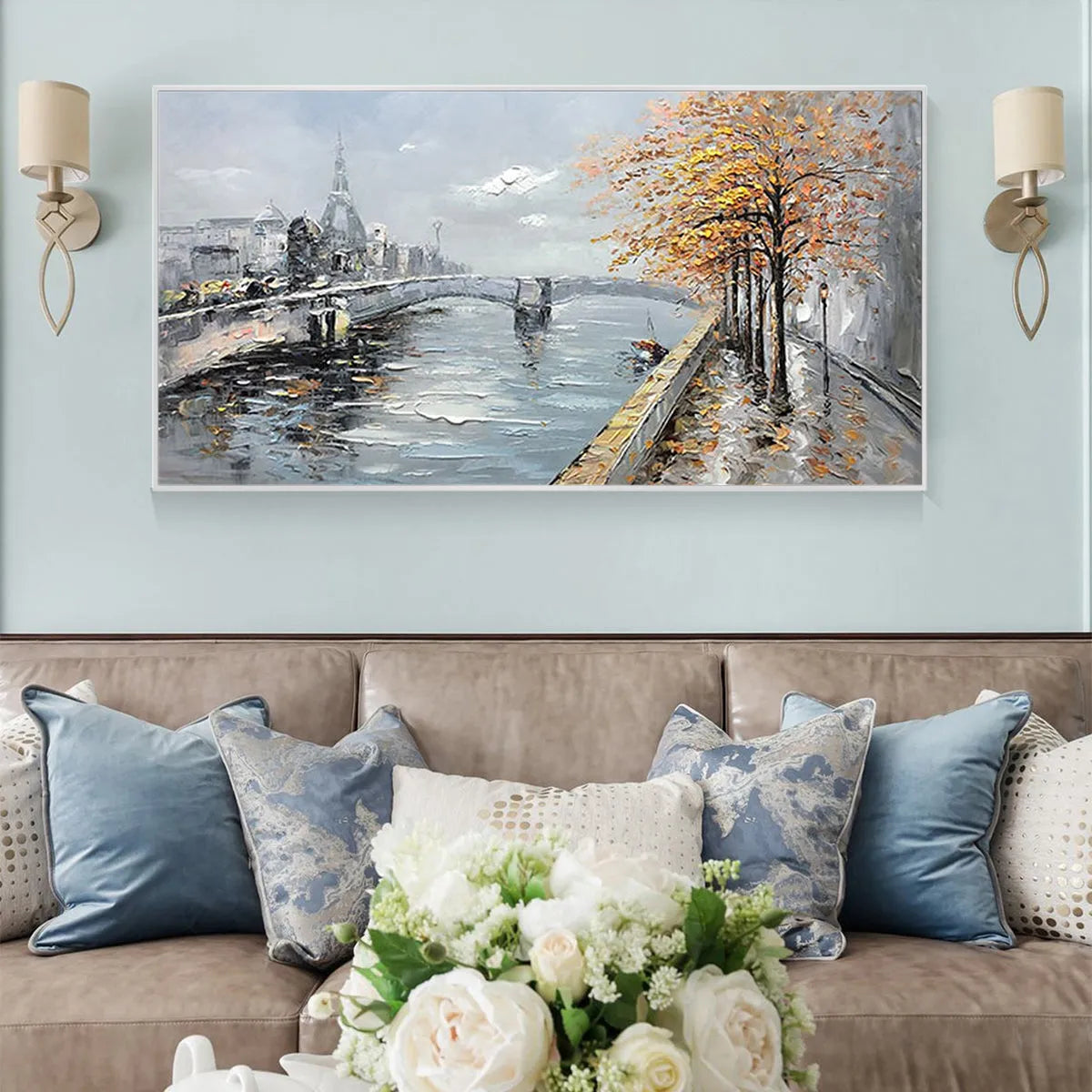 AUTUMNAL RIVER WALK: Panoramic Cityscape Oil Painting with River and Trees