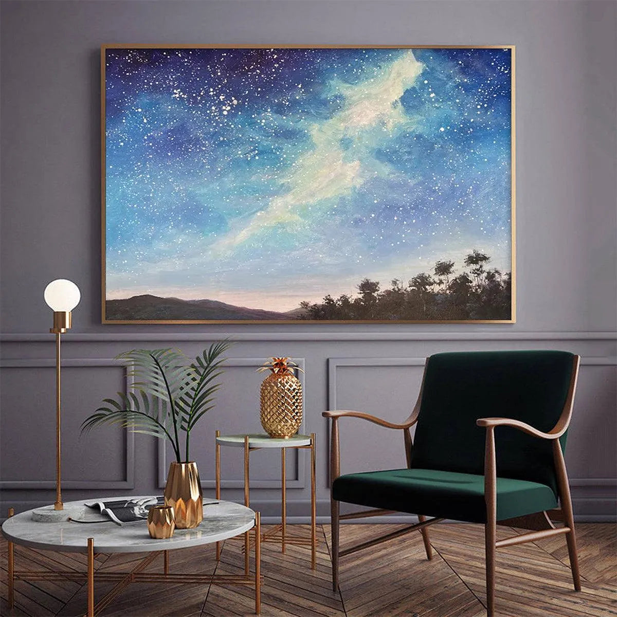 CELESTIAL DREAMSCAPE: Nightscape Painting, Starry Sky Wall Art, Panoramic Landscape, Horizontal Canvas