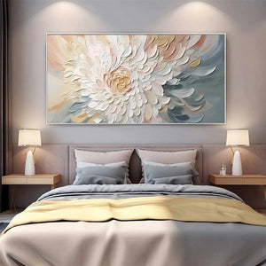 PETAL WHIRL textured floral painting with dimensional neutral petals, enhancing a modern bedroom above the bed.