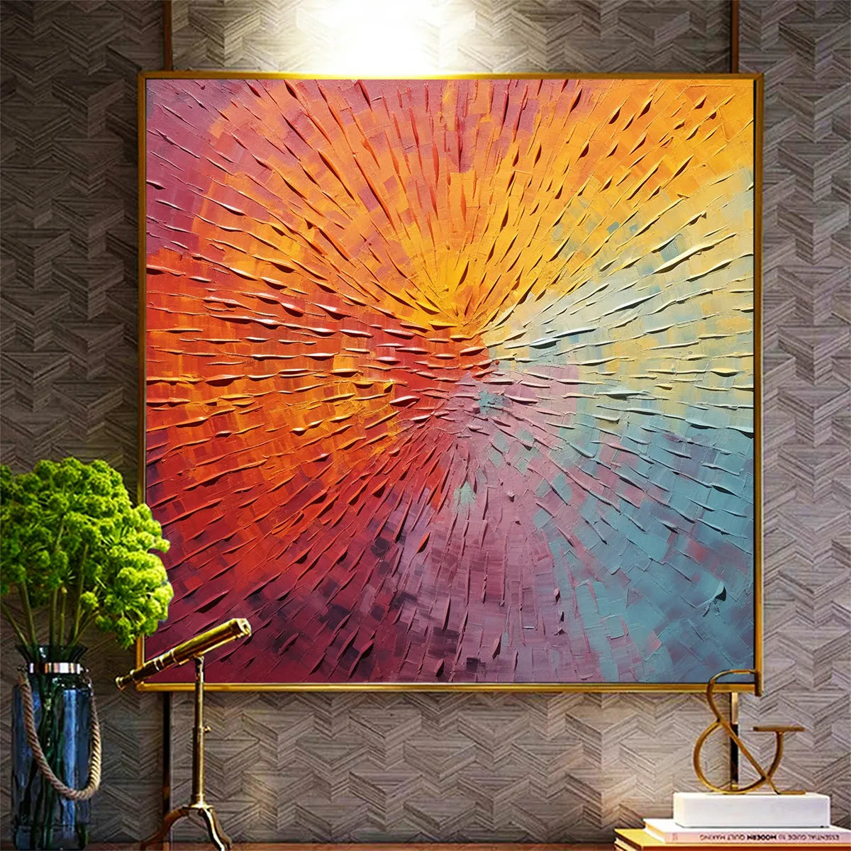 BURST OF COLOR: Square Abstract Impasto Painting, Textured Wall Art, Orange, Pink, Blue