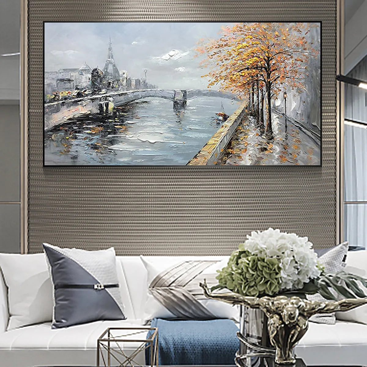 AUTUMNAL RIVER WALK: Panoramic Cityscape Oil Painting with River and Trees