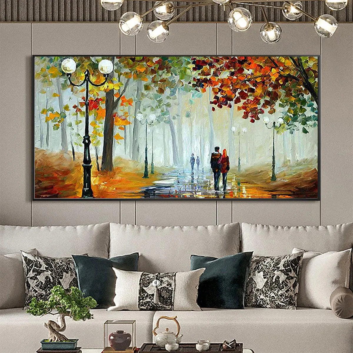 AUTUMN PARK STROLL: Romantic Park Landscape Painting, Horizontal Wall Art