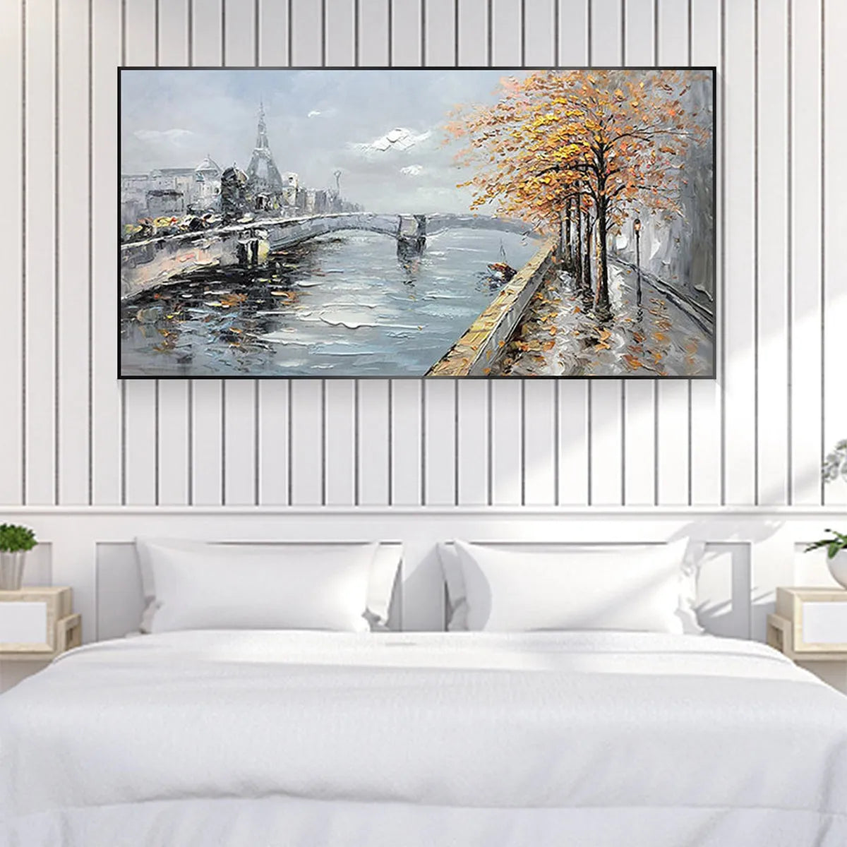 AUTUMNAL RIVER WALK: Panoramic Cityscape Oil Painting with River and Trees