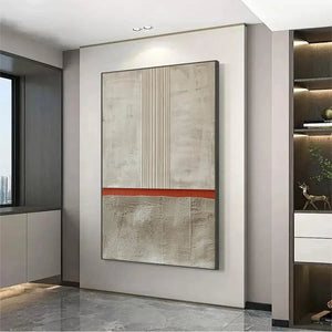 Textured Minimalist Landscape by Javier Ramirez: Beige, terracotta abstract painting with vertical lines, modern wall art
