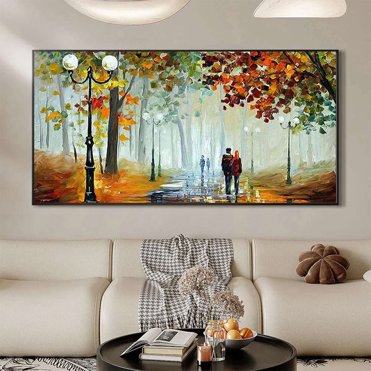 AUTUMN PARK STROLL: Romantic Park Landscape Painting, Horizontal Wall Art