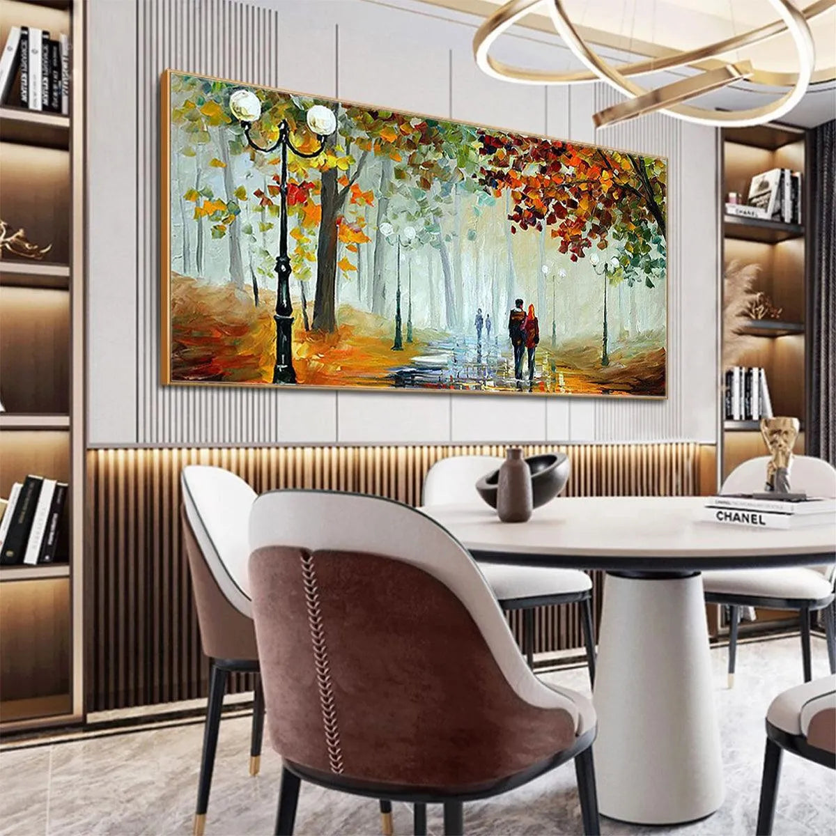 AUTUMN PARK STROLL: Romantic Park Landscape Painting, Horizontal Wall Art