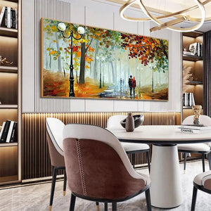 Autumn Park Stroll painting by Liam O'Connell, couple on wet path, lampposts, fall foliage, dining room wall art.