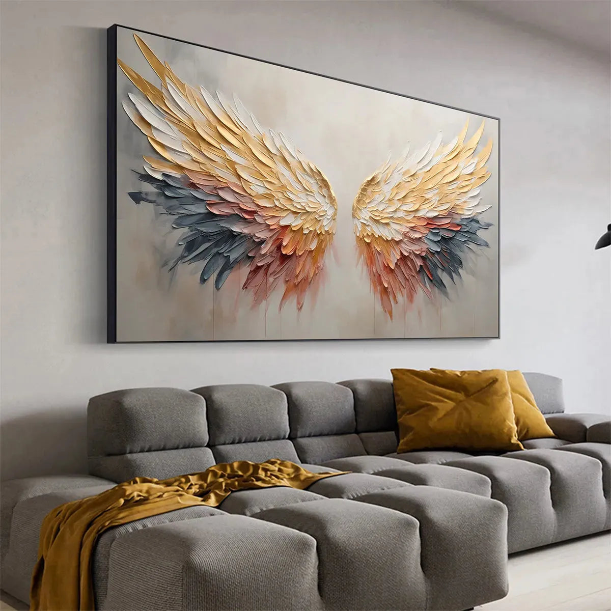 GOLDEN WINGS: Panoramic Angel Wings Painting, Textured Wall Art, Gold, Beige, Living Room, Bedroom