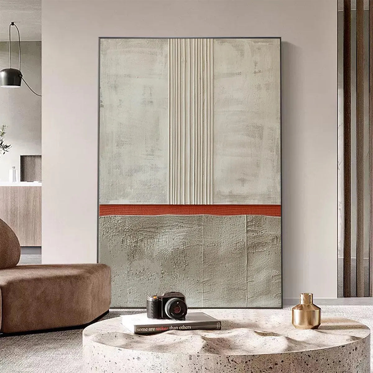 TEXTURED MINIMALIST LANDSCAPE: Terracotta and Beige Abstract Painting, Vertical Wall Art