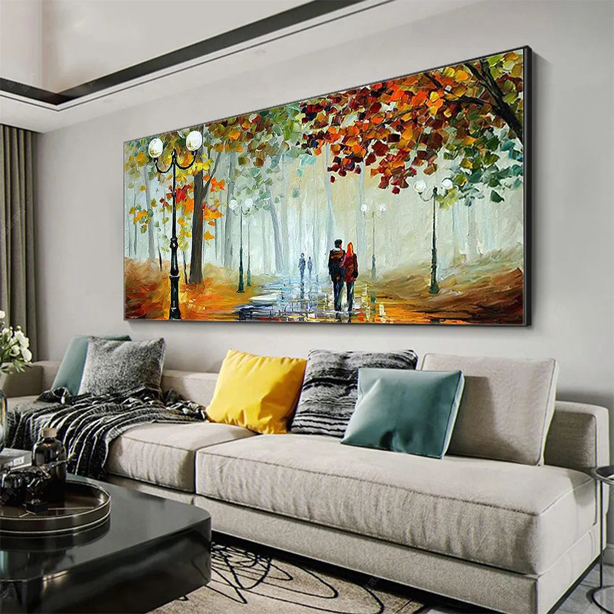 AUTUMN PARK STROLL: Romantic Park Landscape Painting, Horizontal Wall Art