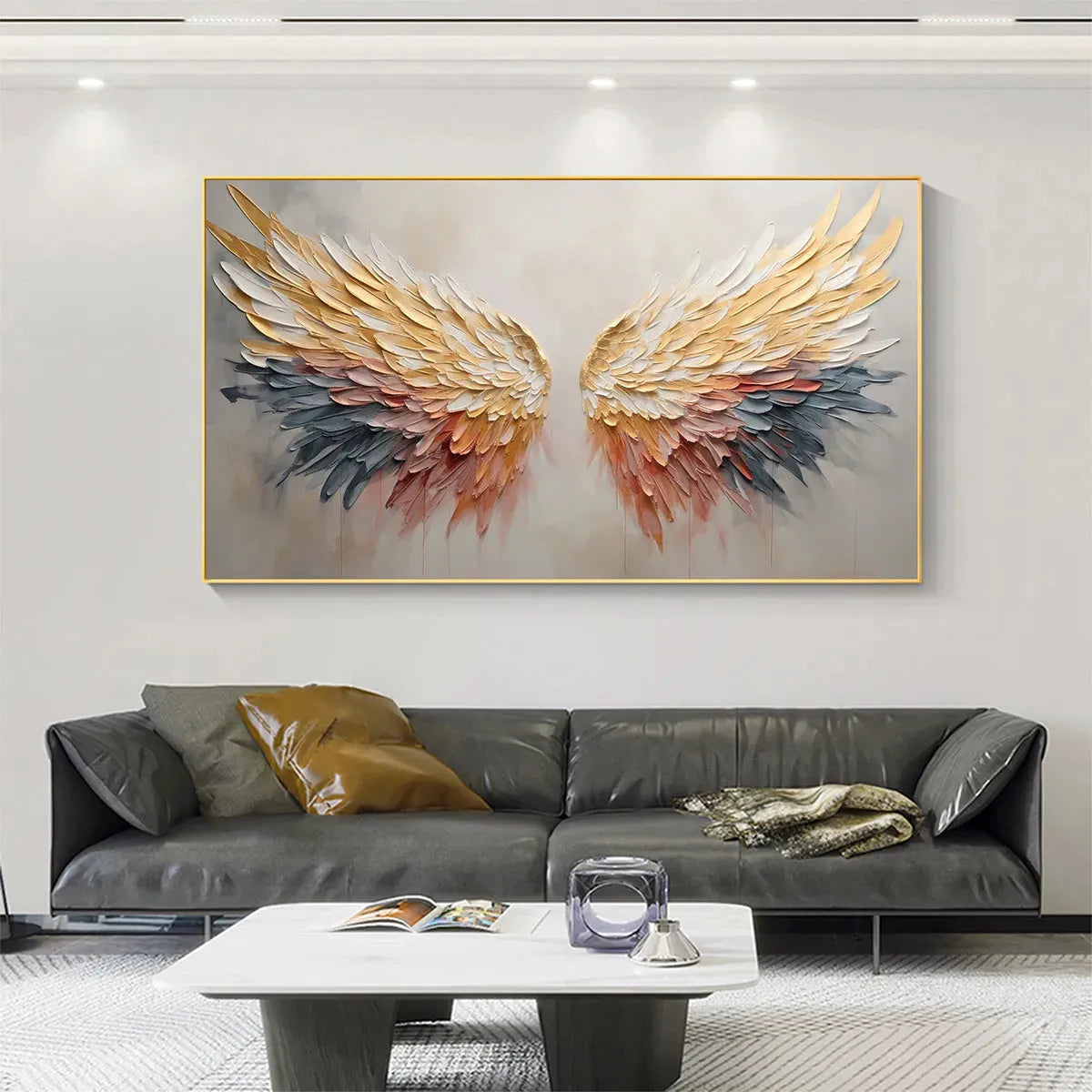 GOLDEN WINGS: Panoramic Angel Wings Painting, Textured Wall Art, Gold, Beige, Living Room, Bedroom