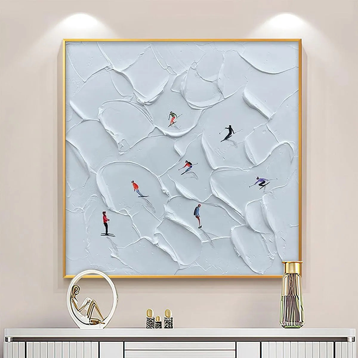 ALPINE SKI: Textured Skiing Painting, Winter Sports Wall Art, Square Canvas, Impasto Decor