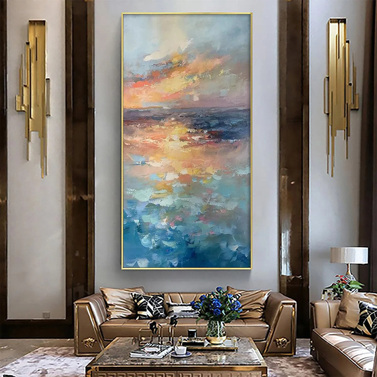 GOLDEN HOUR SEASCAPE: Ocean Painting, Sunset Wall Art, Impasto Texture, Vertical Canvas