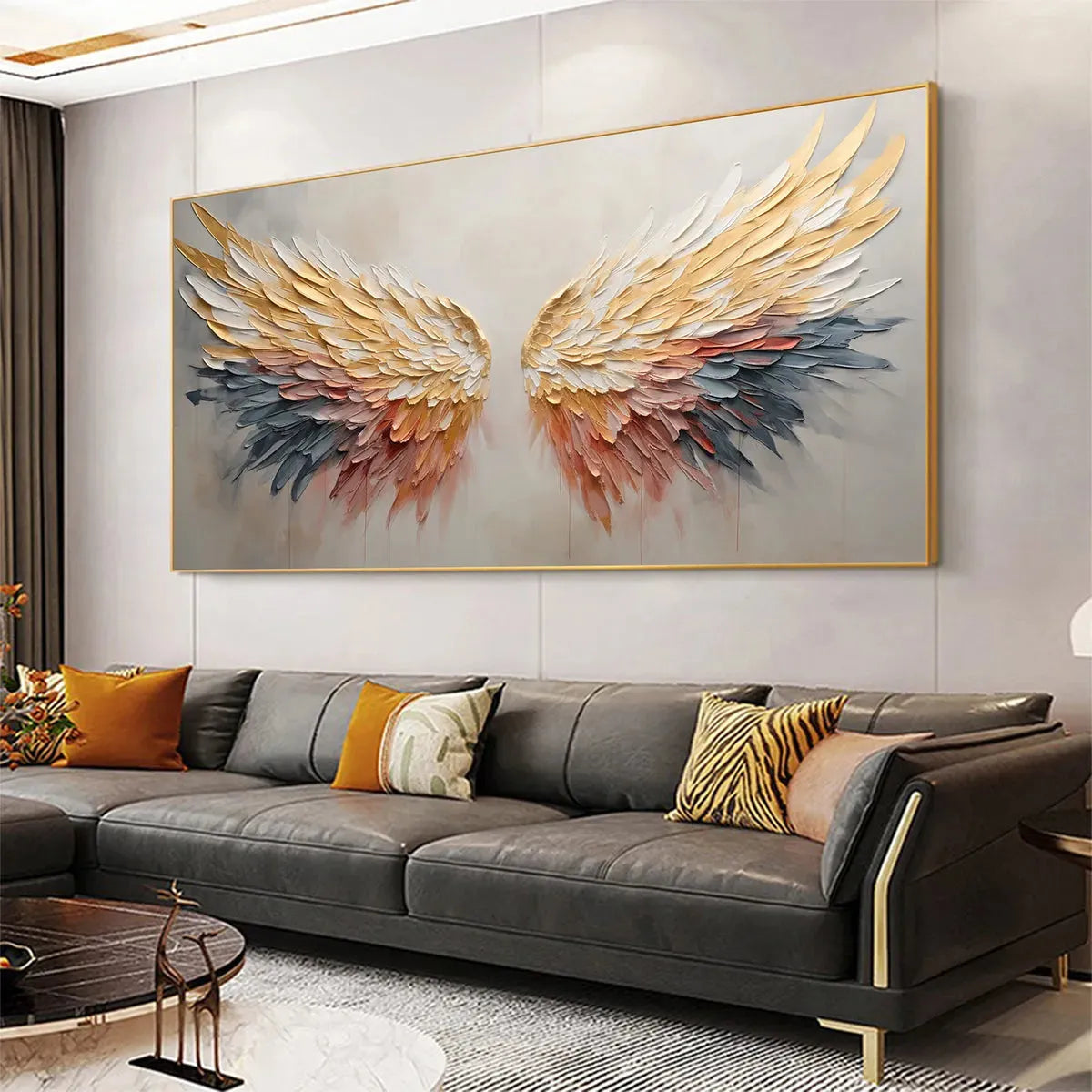 GOLDEN WINGS: Panoramic Angel Wings Painting, Textured Wall Art, Gold, Beige, Living Room, Bedroom