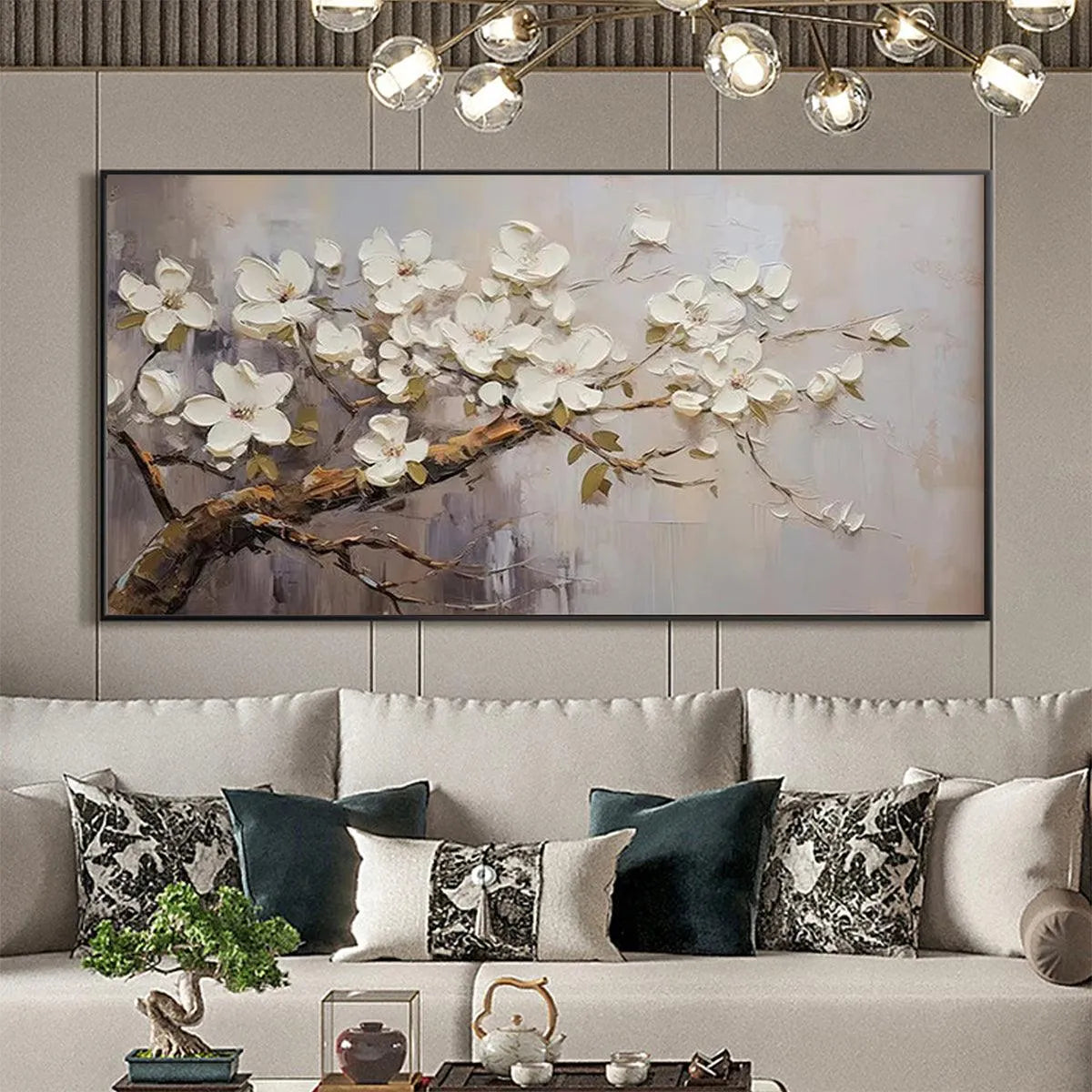 WHITE BLOSSOMS: Textured Floral Painting, White Flower Wall Art, Panoramic Canvas, Impressionist Decor