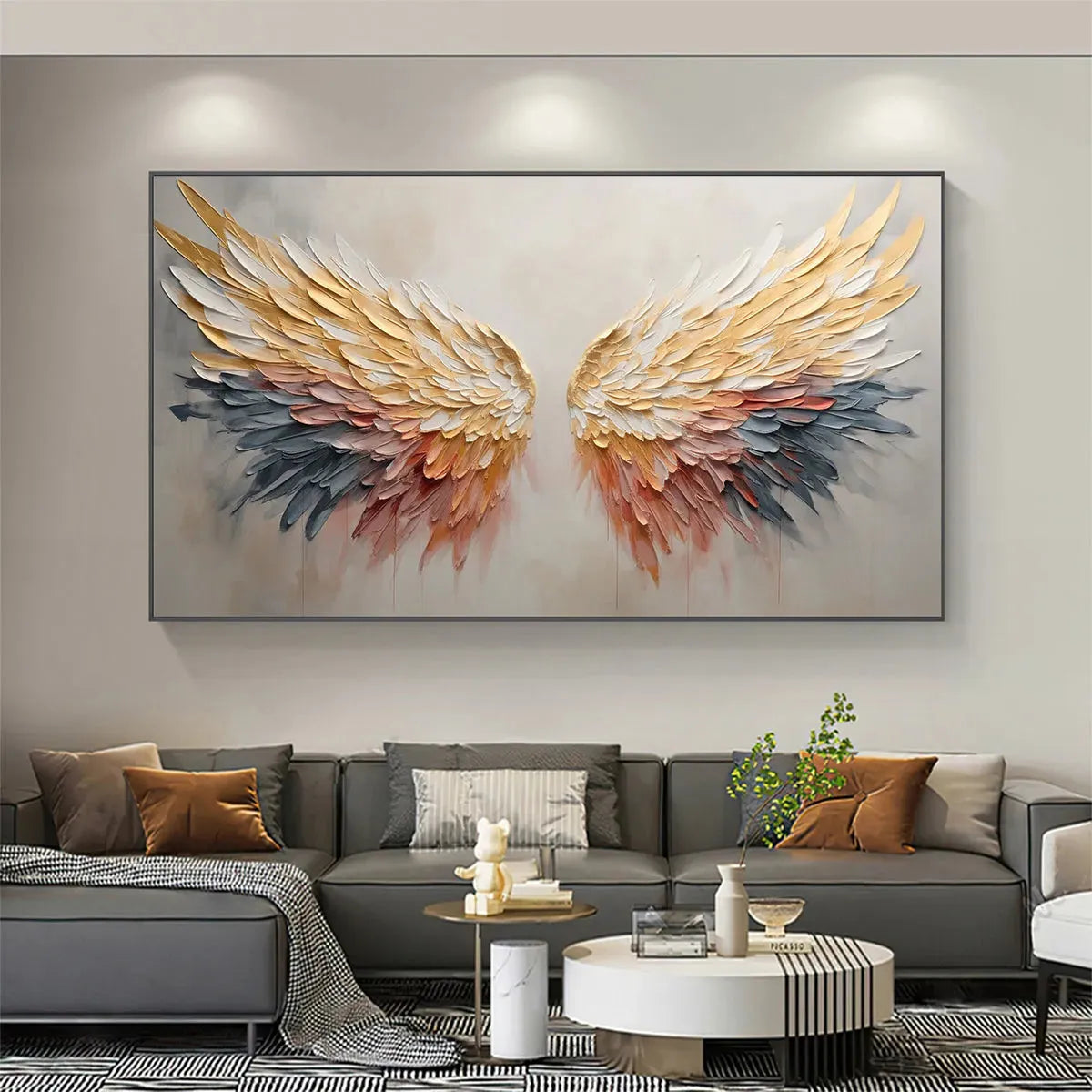 GOLDEN WINGS: Panoramic Angel Wings Painting, Textured Wall Art, Gold, Beige, Living Room, Bedroom