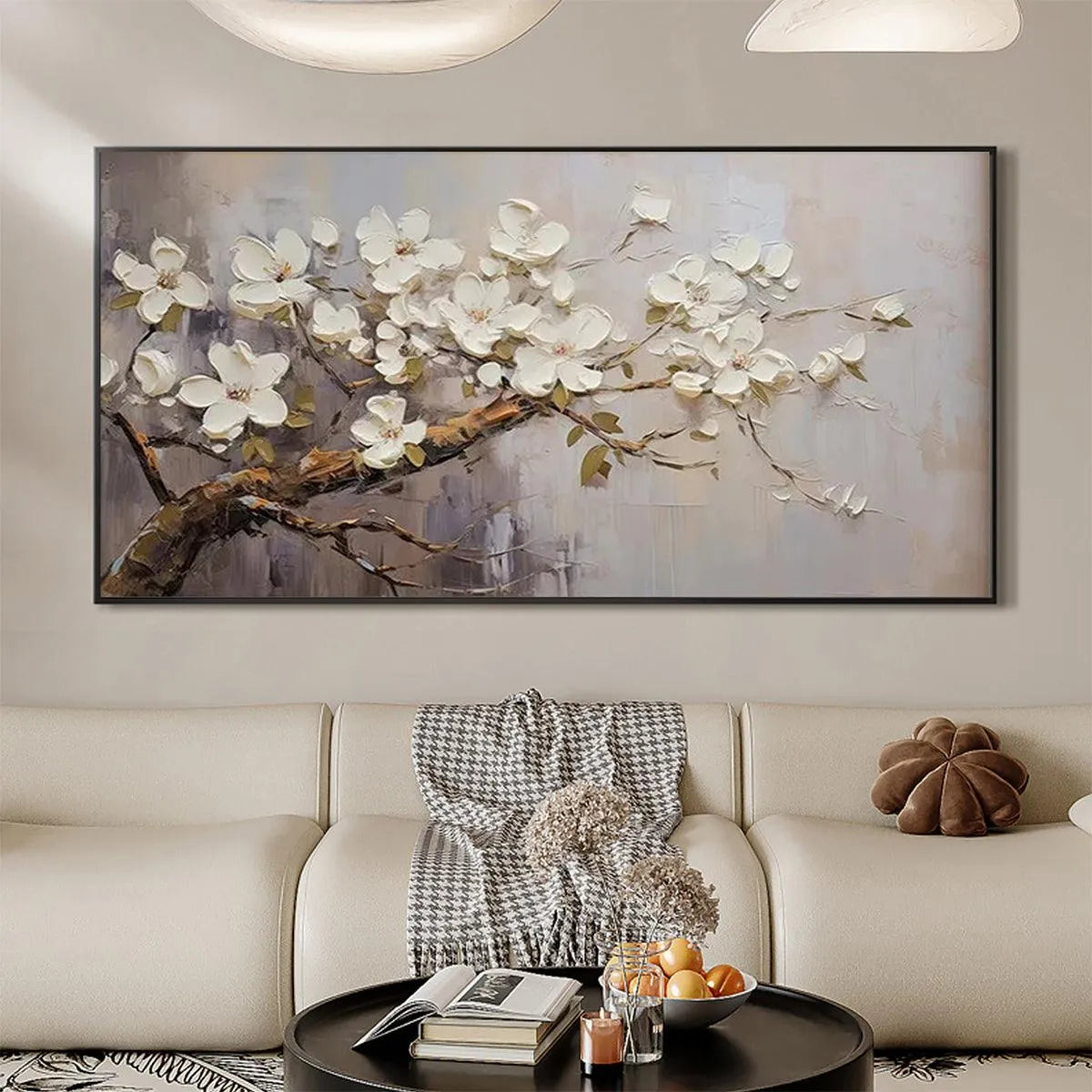 WHITE BLOSSOMS: Textured Floral Painting, White Flower Wall Art, Panoramic Canvas, Impressionist Decor