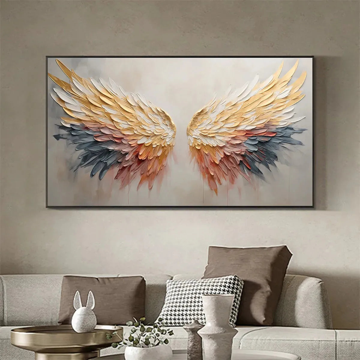 GOLDEN WINGS: Panoramic Angel Wings Painting, Textured Wall Art, Gold, Beige, Living Room, Bedroom