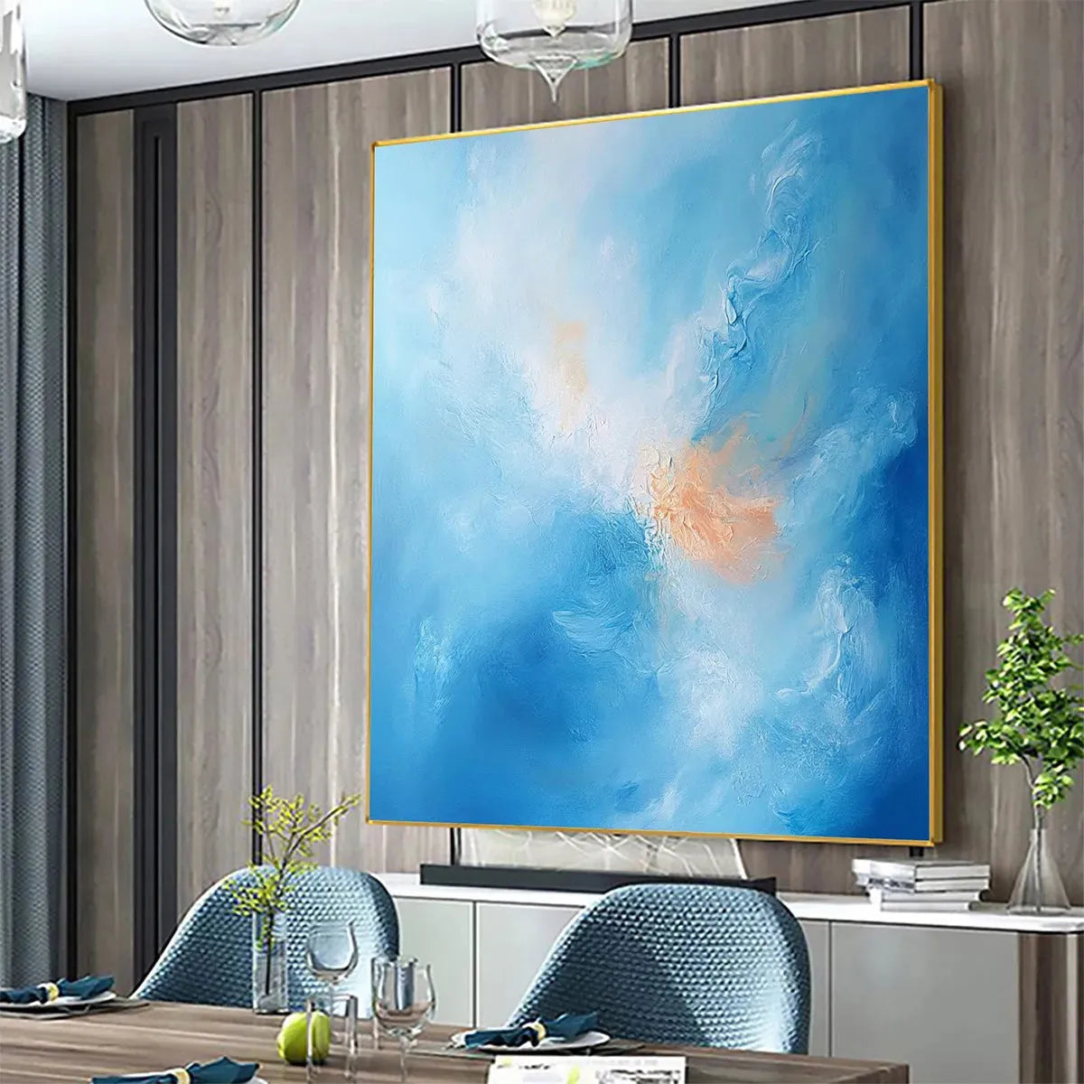 Skyscape Serenity: Abstract Blue and Peach Oil Painting on Canvas