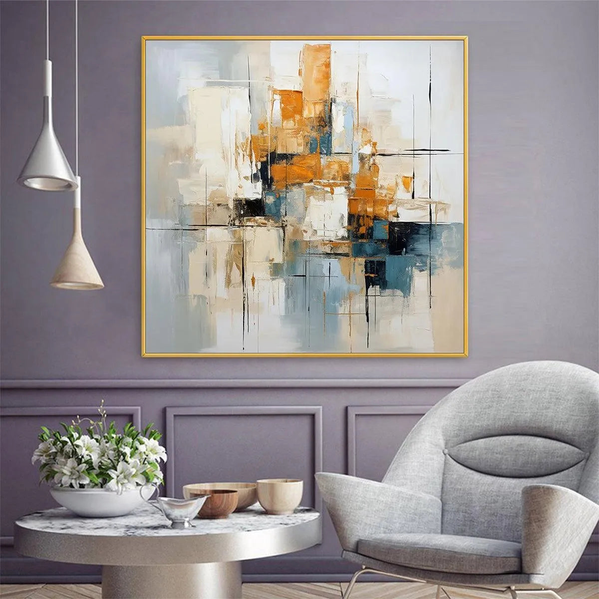 ABSTRACT CITYSCAPE: Textured Geometric Abstract Painting, Square Wall Art