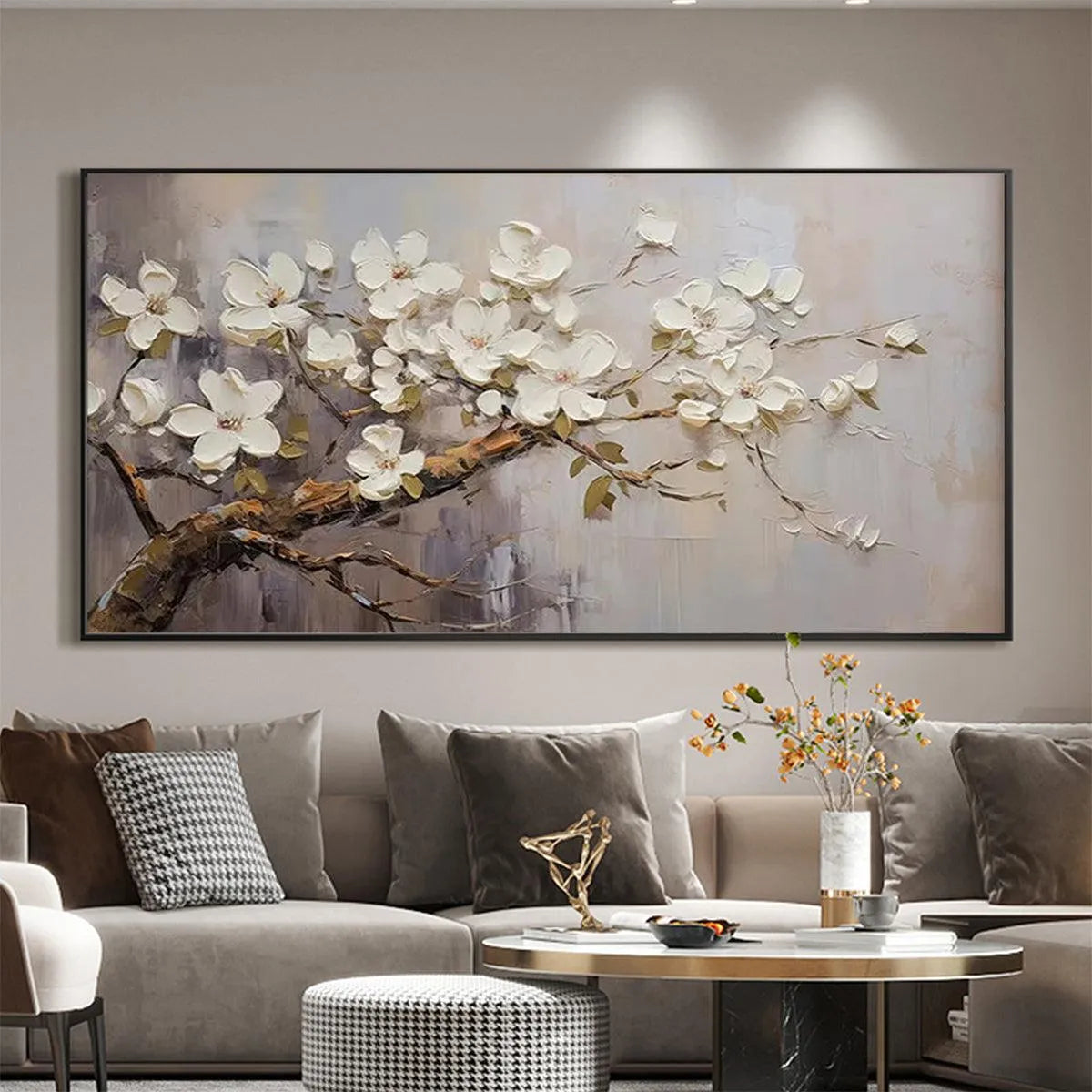 WHITE BLOSSOMS: Textured Floral Painting, White Flower Wall Art, Panoramic Canvas, Impressionist Decor