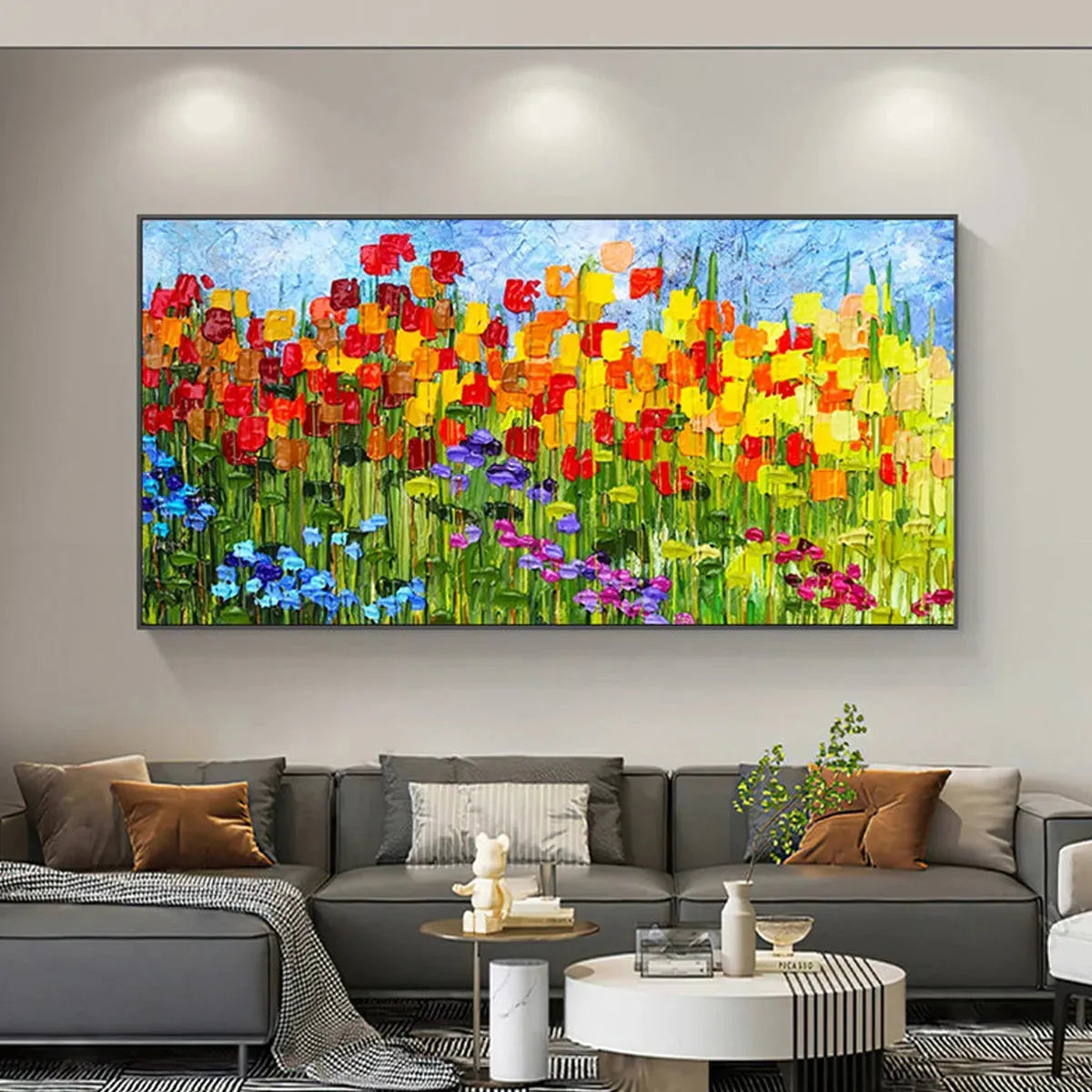 RAINBOW FIELD: Panoramic Impasto Colorful Flower Field Oil Painting