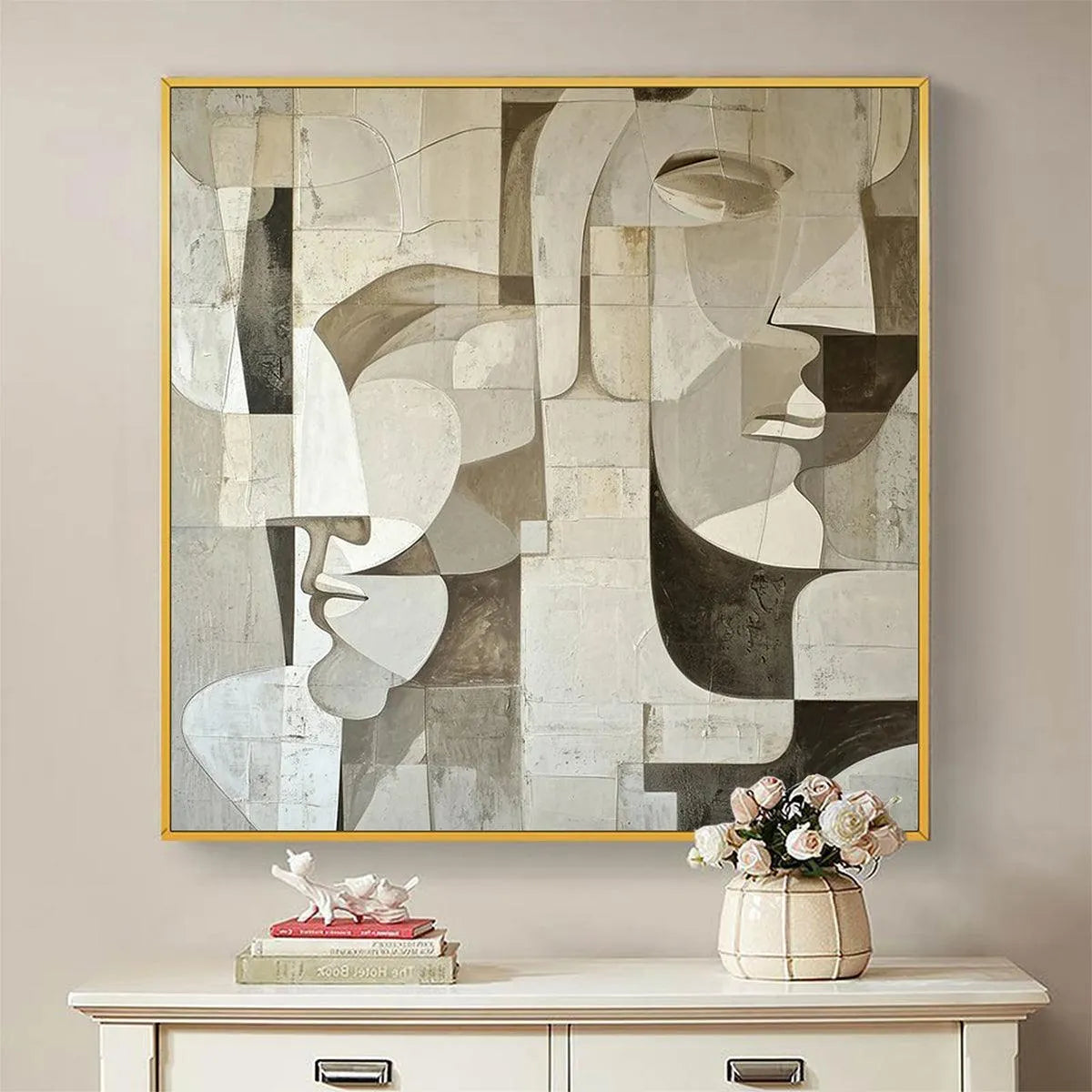 ABSTRACT FACES: Cubist Painting, Neutral Tones Wall Art, Square Canvas Art, Modern Decor