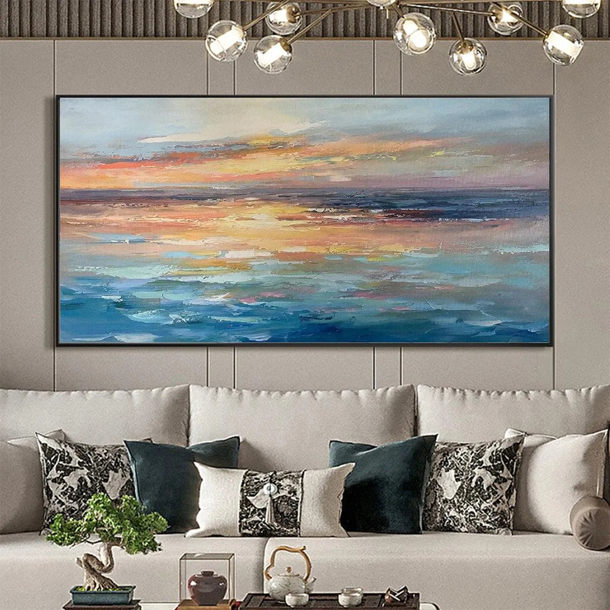 SERENE SUNSET: Panoramic Seascape Painting, Textured Wall Art, Horizontal Canvas, Beach Decor