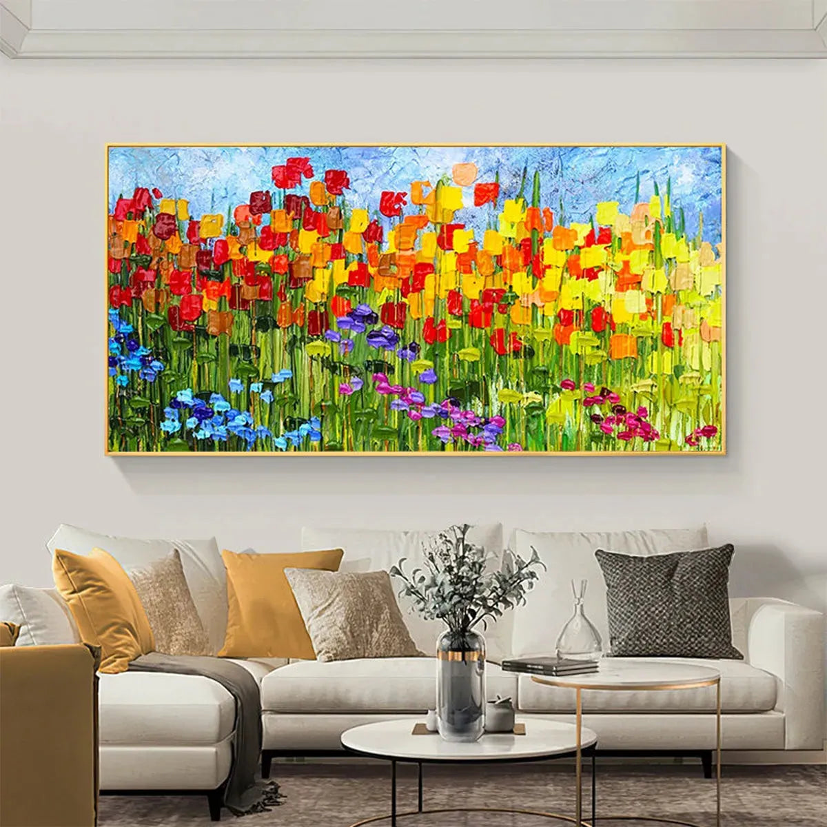 RAINBOW FIELD: Panoramic Impasto Colorful Flower Field Oil Painting