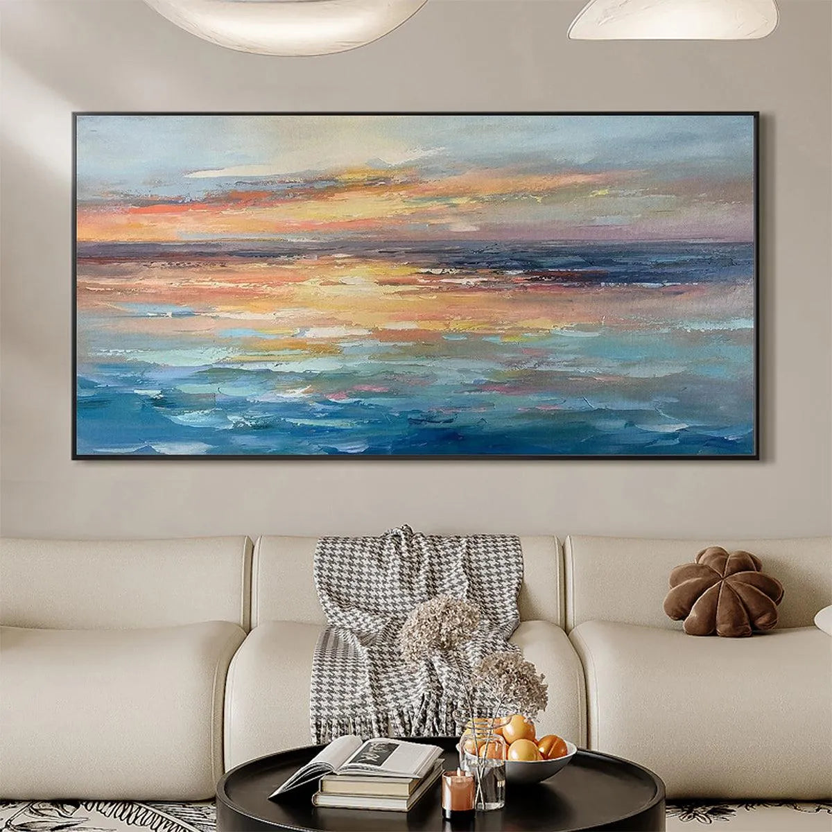 SERENE SUNSET: Panoramic Seascape Painting, Textured Wall Art, Horizontal Canvas, Beach Decor