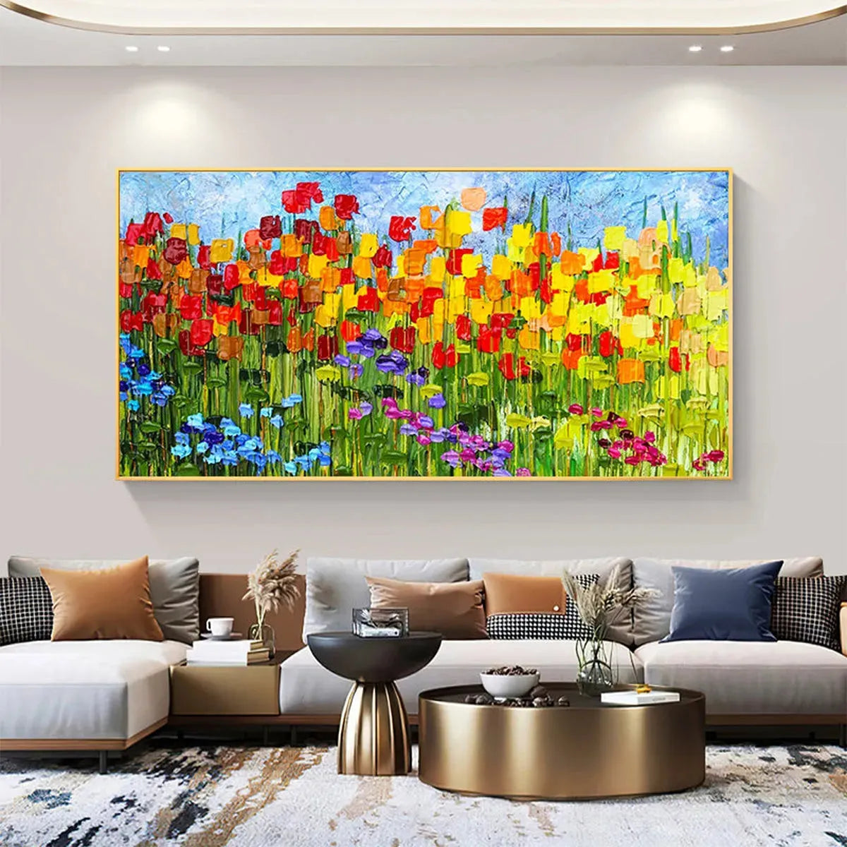 RAINBOW FIELD: Panoramic Impasto Colorful Flower Field Oil Painting