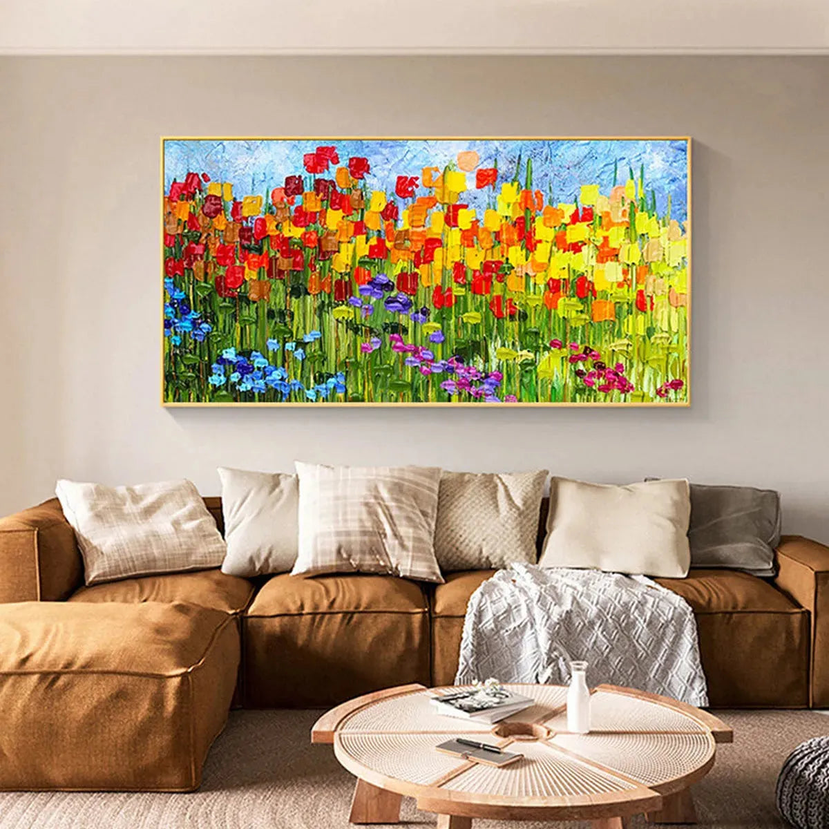 RAINBOW FIELD: Panoramic Impasto Colorful Flower Field Oil Painting