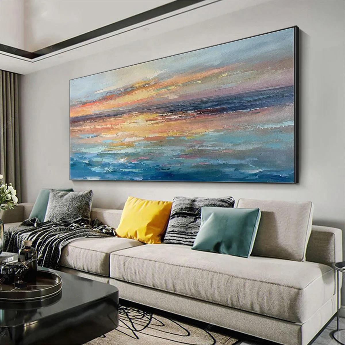 SERENE SUNSET: Panoramic Seascape Painting, Textured Wall Art, Horizontal Canvas, Beach Decor