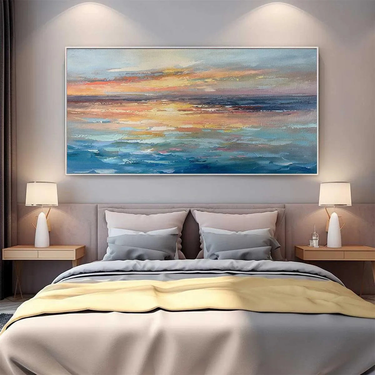 SERENE SUNSET: Panoramic Seascape Painting, Textured Wall Art, Horizontal Canvas, Beach Decor