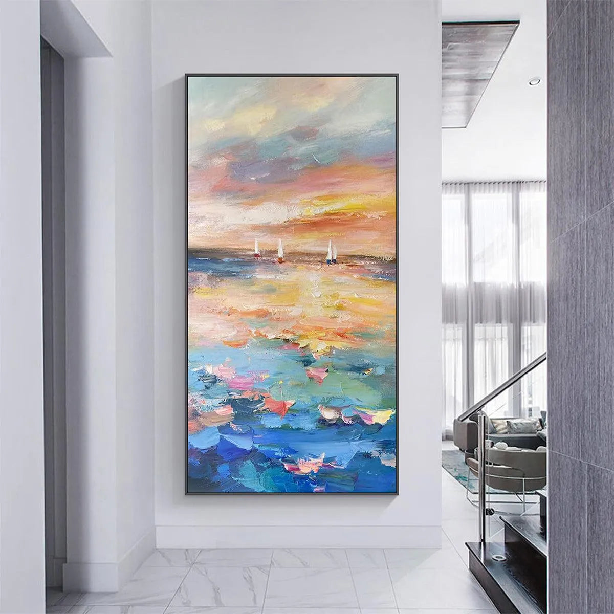 SAILING AT SUNSET: Colorful Seascape Painting, Textured Wall Art, Vertical Canvas, Beach Decor