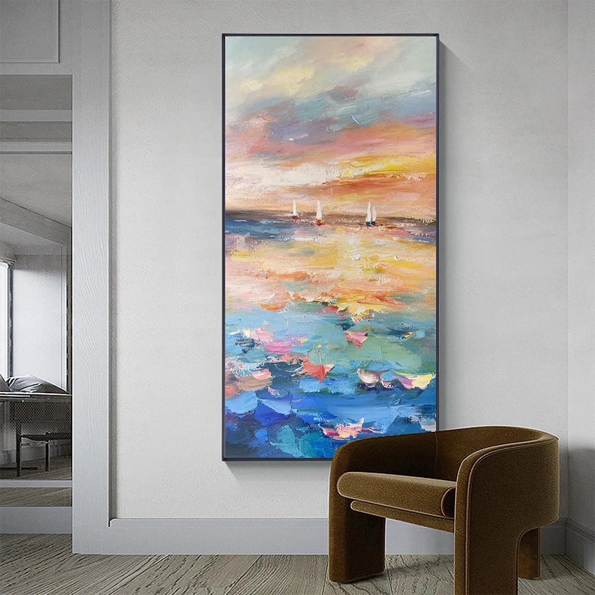 SAILING AT SUNSET: Colorful Seascape Painting, Textured Wall Art, Vertical Canvas, Beach Decor