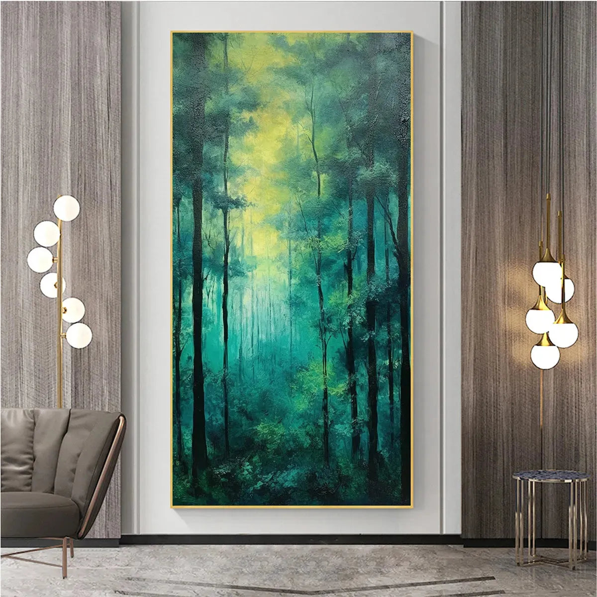 EMERALD FOREST PATH: Vertical Forest Painting, Green Woodland Scene, Nature Wall Art, Living Room