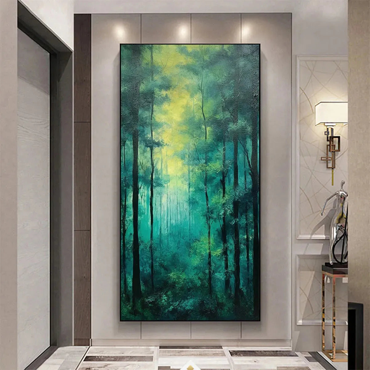 EMERALD FOREST PATH: Vertical Forest Painting, Green Woodland Scene, Nature Wall Art, Living Room