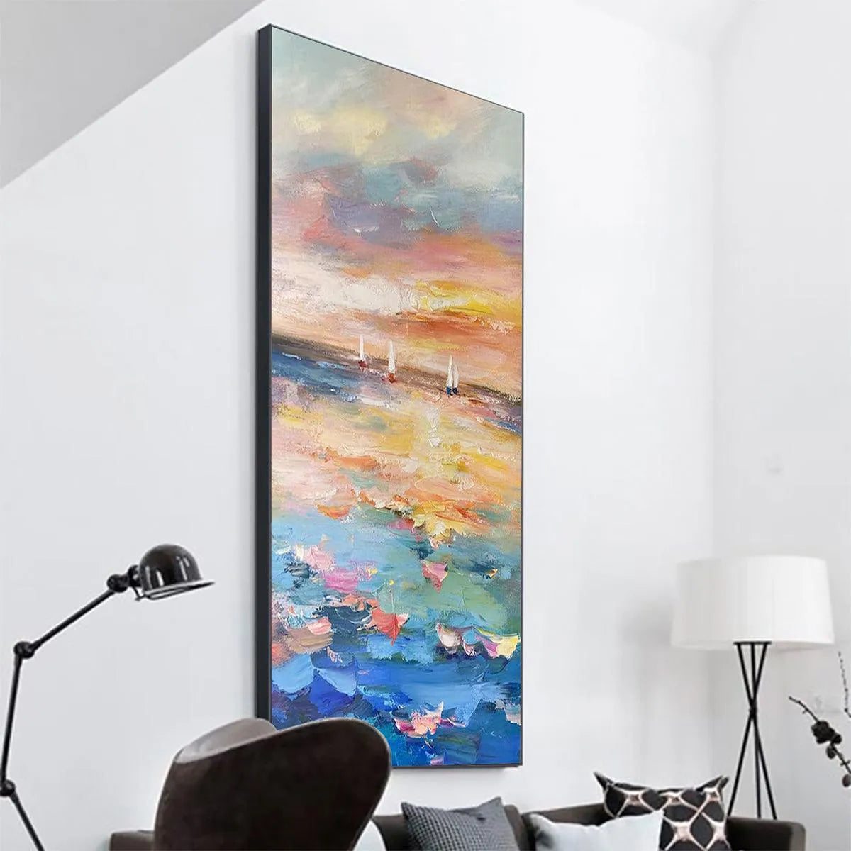 SAILING AT SUNSET: Colorful Seascape Painting, Textured Wall Art, Vertical Canvas, Beach Decor