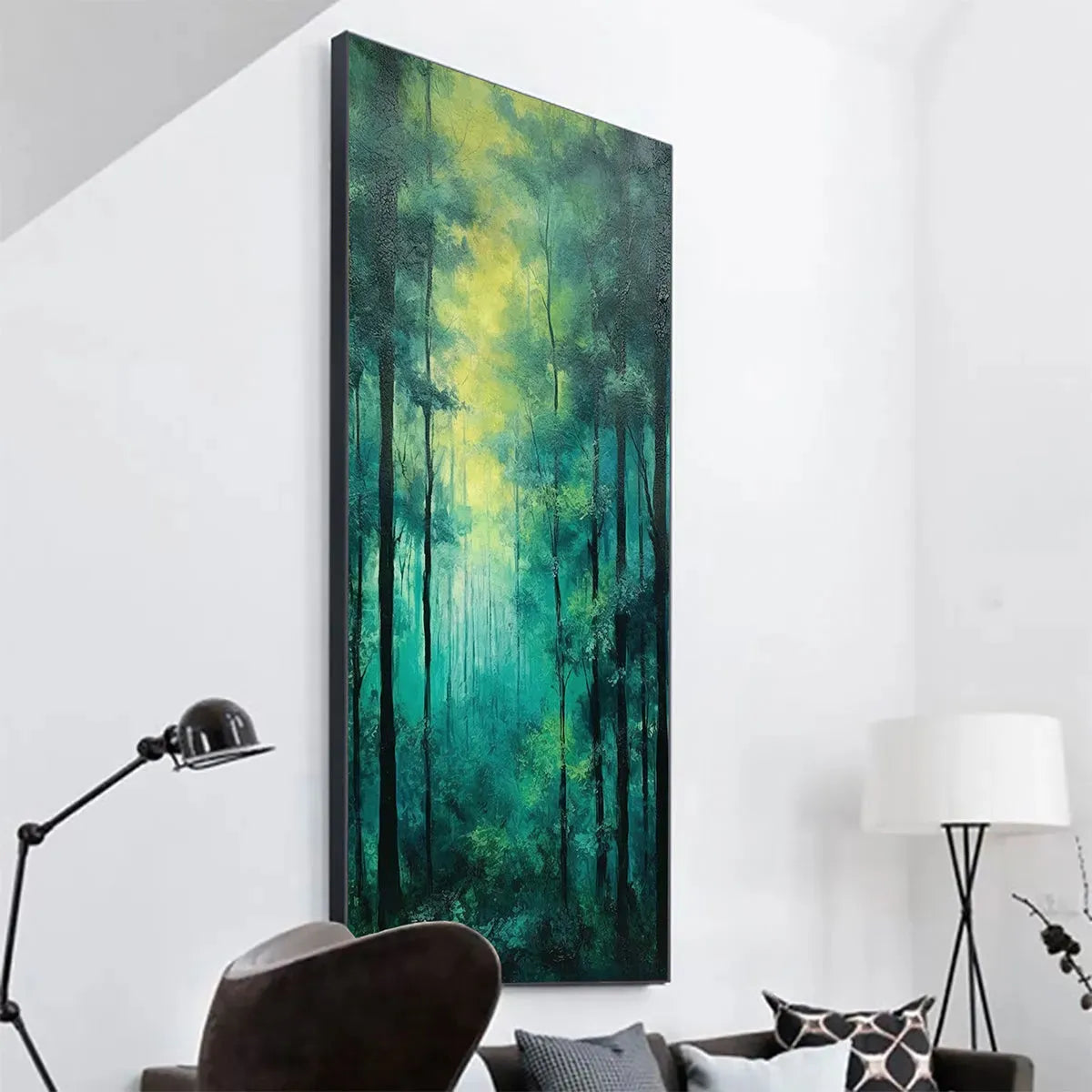 EMERALD FOREST PATH: Vertical Forest Painting, Green Woodland Scene, Nature Wall Art, Living Room